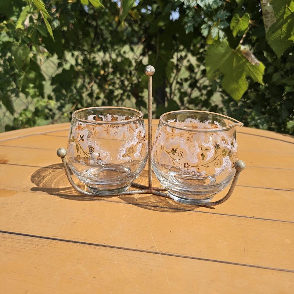 Vintage Libbey Glass Duchess Pink and Gold Sugar and Creamer Set with Caddy